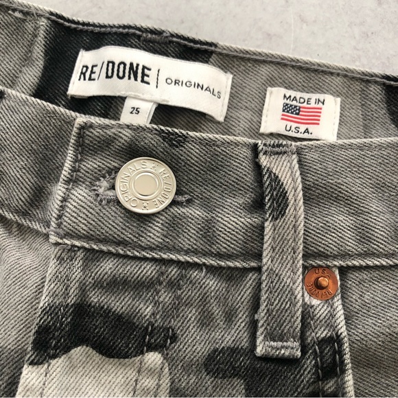 RE/DONE High Rise Ankle Crop Stretch Fray Hem Grey Camo Jeans 25 - Picture 3 of 12